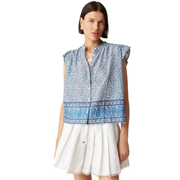 J. Crew Tops - J. Crew Blue White‎ Floral Paisley Cap Sleeve Button Up Shirt Top Size L NWT $90